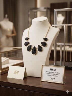 H&M Midnight Pavé Teardrop Statement Necklace - Gilded Gold Tone